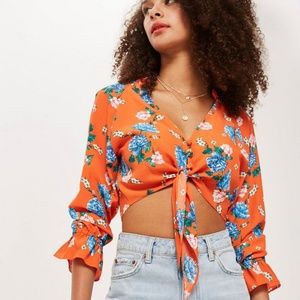 Topshop Orange Floral Tie Plunge Crop Top